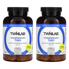 Twinlab Magnesium Caps bottle front highlighting high absorption magnesium for leg cramps support.