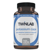 Twinlab Potassium Caps bottle front, easy-to-swallow electrolyte support for heart and muscle health.