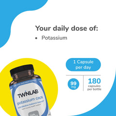 Twinlab Potassium Caps bottle pour, convenient daily capsule routine for bone and muscle support.