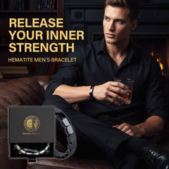 TWMKLP hematite bracelet for men wrist shot showing sleek masculine design.