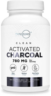 Type Zero Activated Charcoal bottle close-up showing convenient capsules for daily use