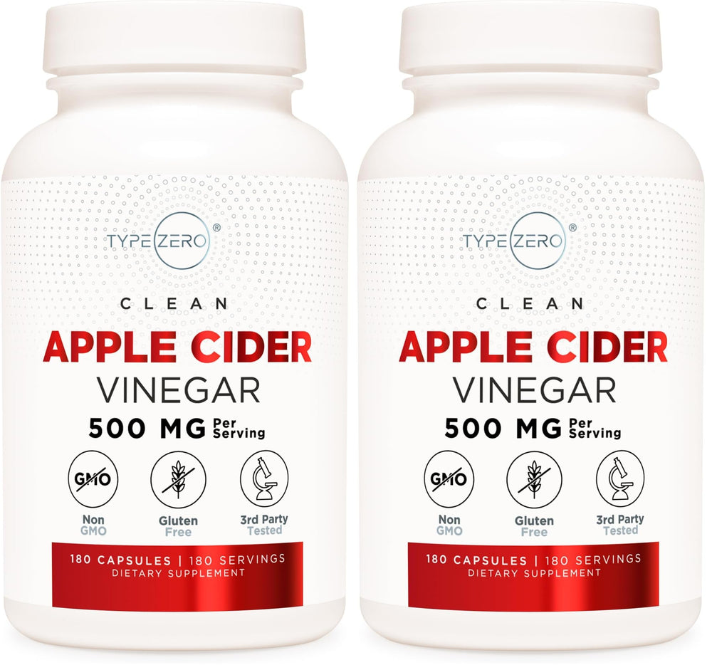 Type Zero apple cider vinegar capsules bottle view for convenient daily use.