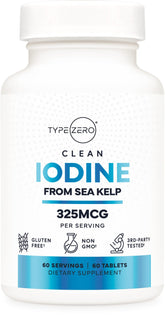 Type Zero Clean Iodine Tablets bottle front for daily iodine support.