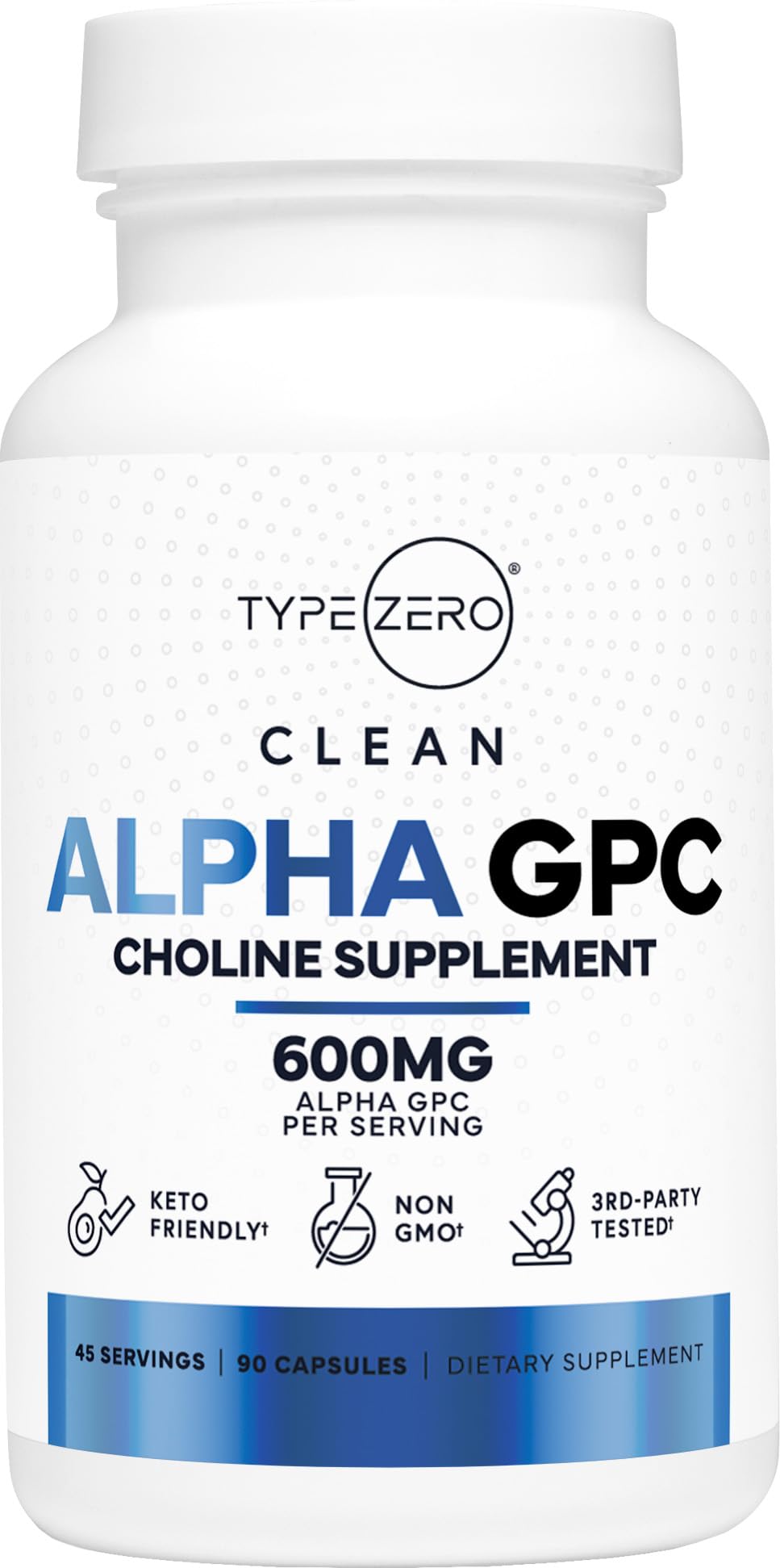 Type Zero Ultra Clean Alpha GPC bottle shows 600 mg capsules for daily focus.