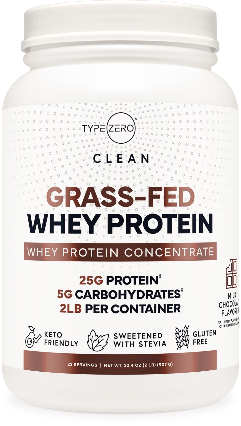 Type Zero whey protein tub milk chocolate offers a gluten-free post-workout option.