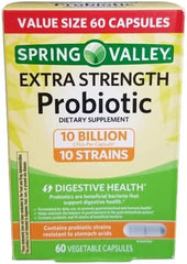 TYU 60 Spring Valley probiotic bottle closeup highlighting multi-strain formula for digestive and immune support.