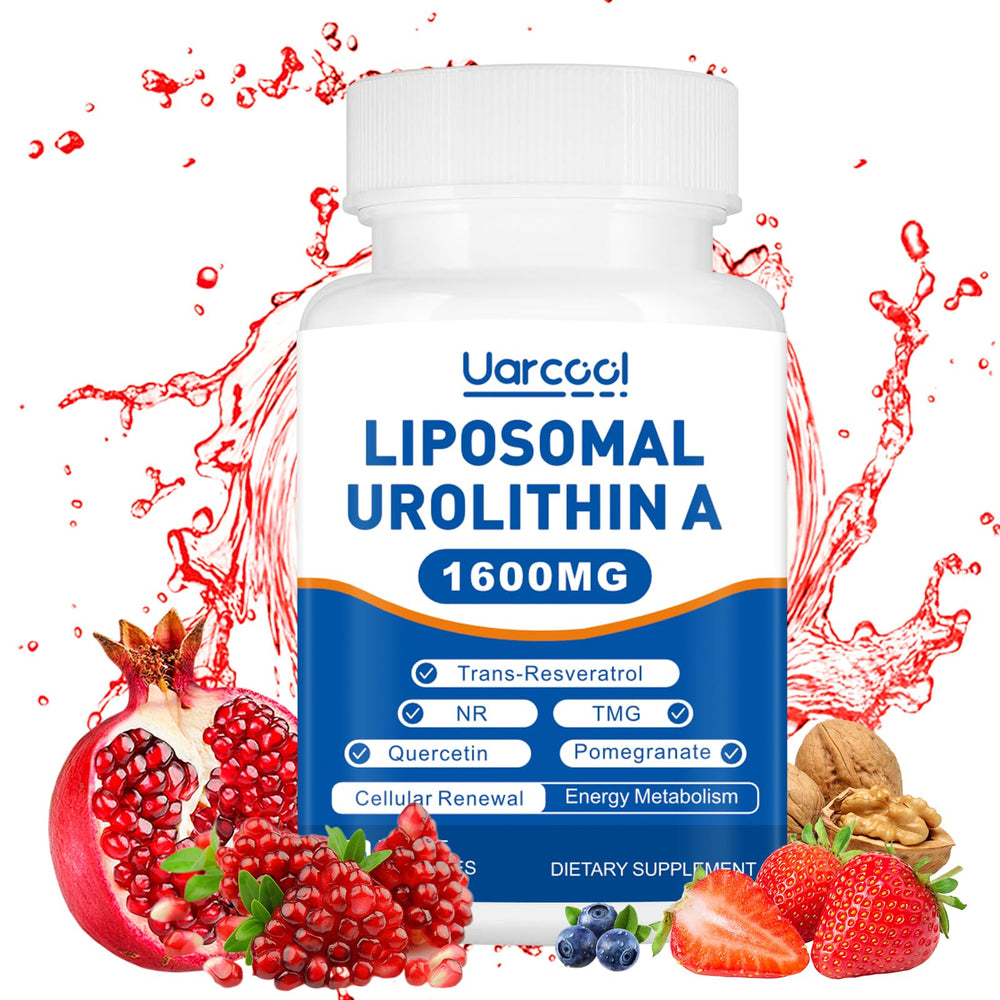 Uarcool Liposomal Urolithin A bottle front promotes energy and muscle support.