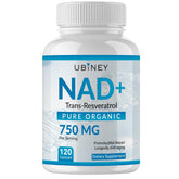 Ubiney NAD+ bottle front view highlights premium formulation for cellular energy.