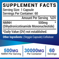 Ucessuyy NMNH label close-up showing 500 mg capsules per serving