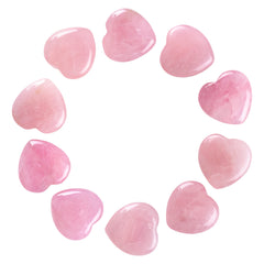 UFEEL natural rose quartz heart stones in a polished finish for display.