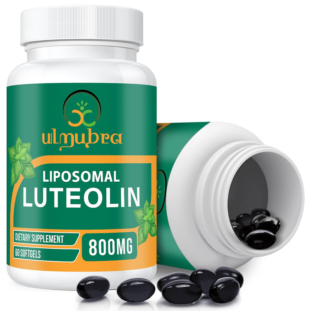 Ulmubra 800 mg liposomal luteolin softgel bottle for daily use.