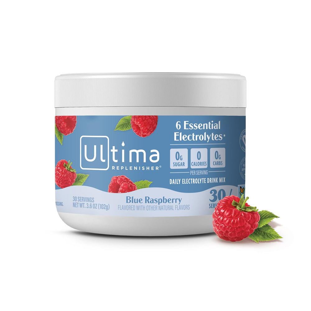 Ultima Replenisher blue raspberry powder canister for daily hydration with 6 electrolytes
