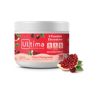 Ultima Replenisher cherry-pomegranate powder in a tub for sugar-free daily hydration.