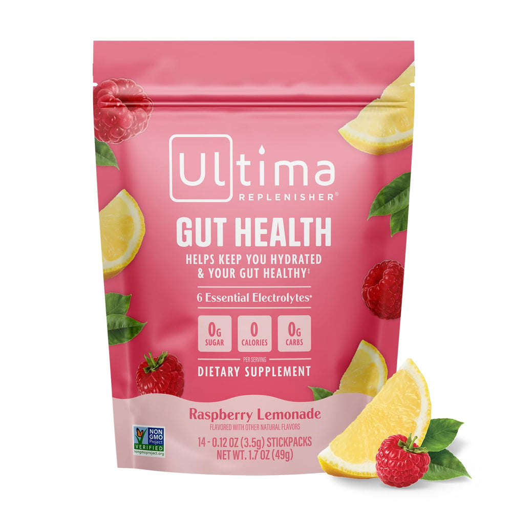 Ultima Replenisher gut health powder with raspberry lemonade flavor in a pack