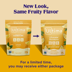 Ultima Replenisher lemonade stickpack close-up highlighting sugar-free formula.