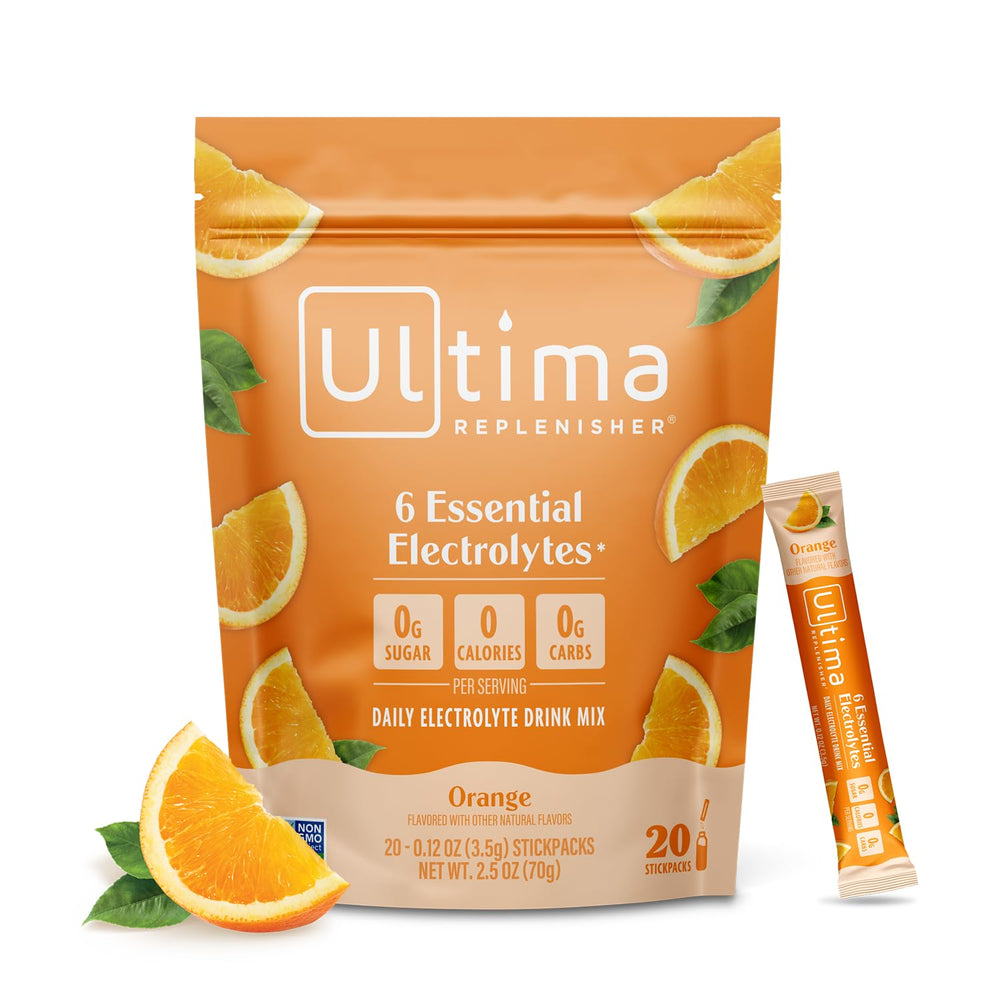 Ultima Replenisher orange stickpack ready for convenient on-the-go hydration.
