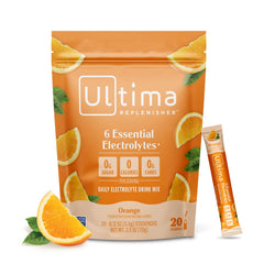 Ultima Replenisher orange stickpack ready for convenient on-the-go hydration.