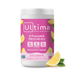 Ultima Replenisher Pink Lemonade canister for sugar-free hydration with six electrolytes.