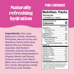 Ultima Replenisher pink lemonade tub back highlights 6 electrolytes and vegan ingredients