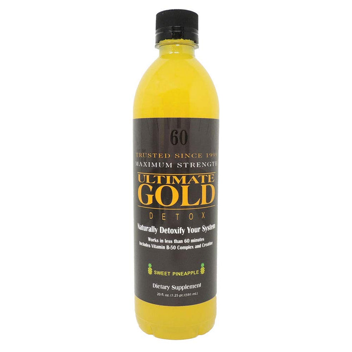 Ultimate Gold Detox Drink 20oz pineapple bottle front with vibrant label for a refreshing cleanse.