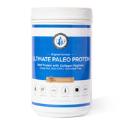 Ultimate Paleo Protein chocolate tub close-up highlighting paleo-friendly beef protein for everyday shakes.