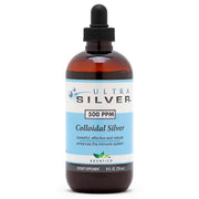Ultra Silver colloidal silver bottle showing 500 ppm for reliable storage.