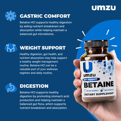 UMZU Betaine HCl label close-up noting gluten-free and non-GMO features.