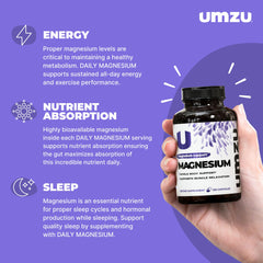 UMZU Daily Magnesium bottle back label highlights three bioavailable forms for absorption.