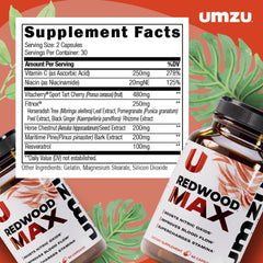 UMZU Redwood Max capsules closeup indicating easy daily supplementation for consistency.