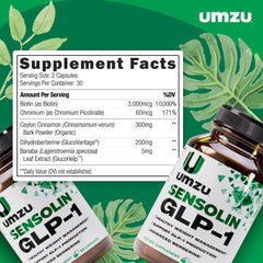 UMZU Sensolin label detail highlighting Dihydroberberine and cinnamon ingredients for GLP-1 support.