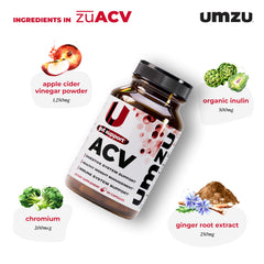 UMZU zuACV packaging demonstrates a 30-day supply and blend of ACV with prebiotics