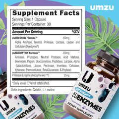 UMZU zuEnzymes label emphasizing quality and gut comfort.