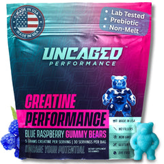 Uncaged Performance Creatine Gummies blue raspberry bottle for easy daily training support.