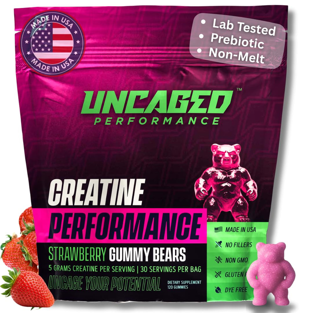 Uncaged Performance Creatine Gummies bottle front showing 30 servings for athletes