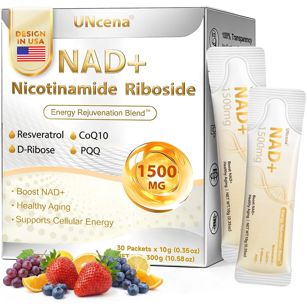 UNcena NAD+ liquid bottle front, indicating convenient daily energy support.