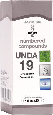 UNDA 19 Numbered Compounds bottle label showing biodynamic herbs for holistic wellness.