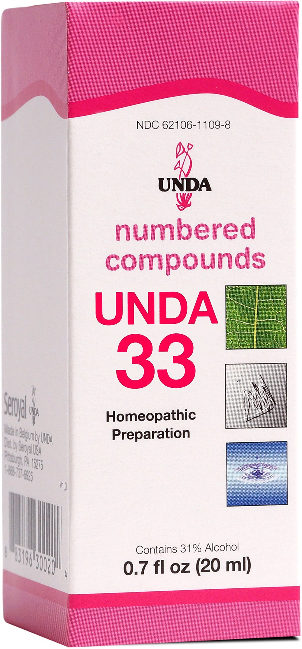 UNDA 33 Numbered Compounds bottle front highlighting biodynamic ingredients for daily balance.