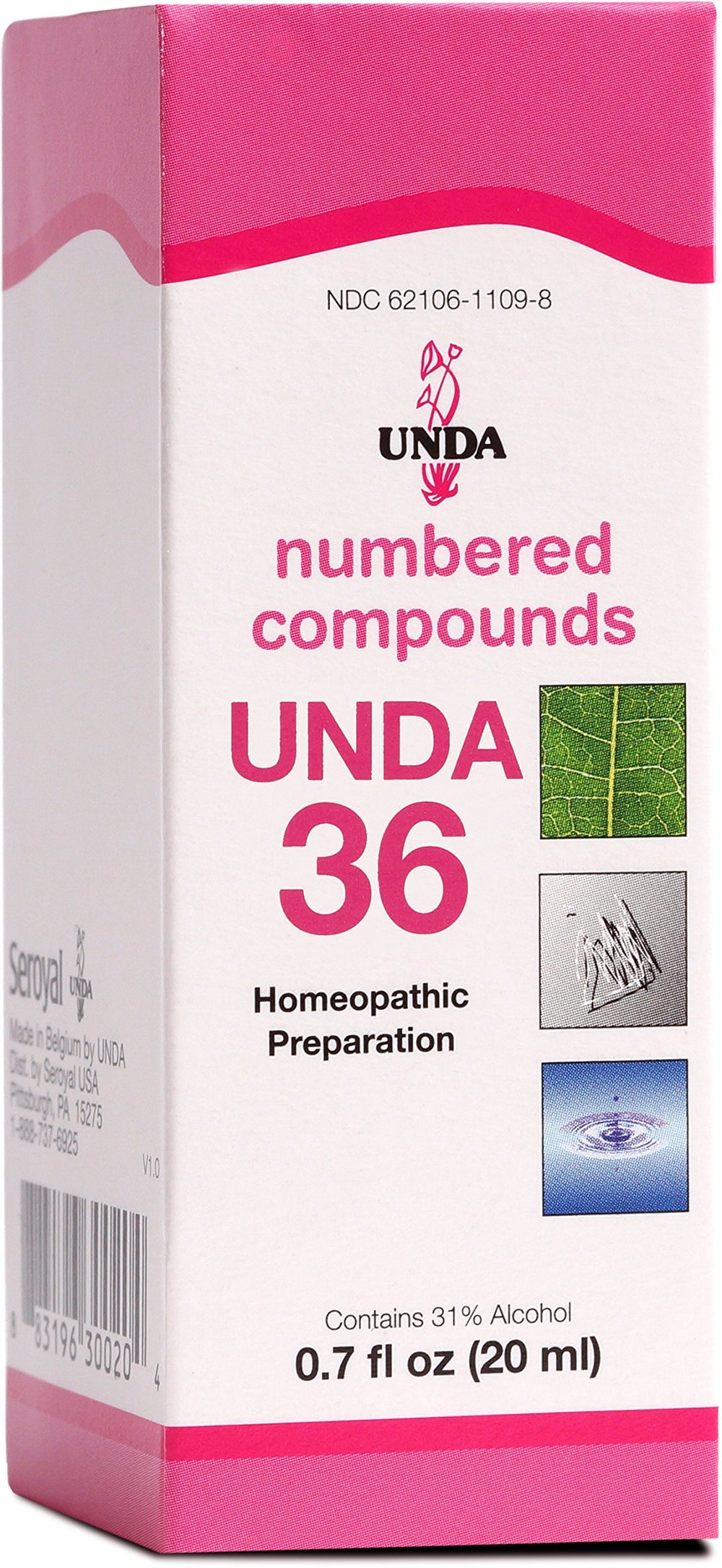 UNDA 36 Numbered Compounds bottle on stand for easy homeopathic use.