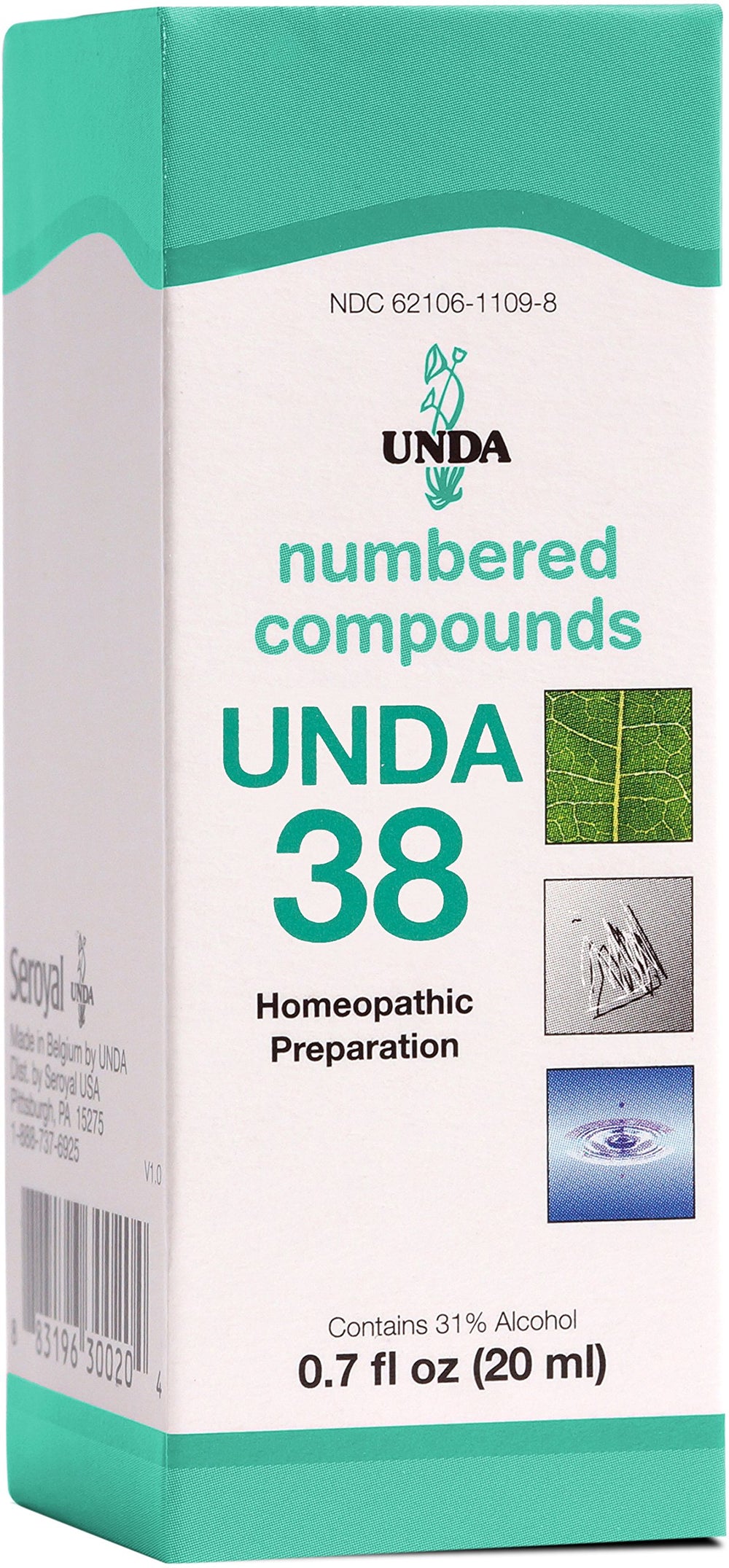 UNDA 38 Numbered Compounds bottle label for holistic support and toxin drainage.