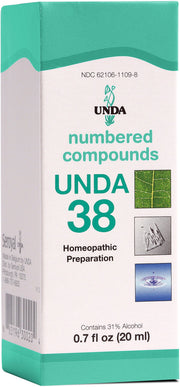 UNDA 38 Numbered Compounds bottle label for holistic support and toxin drainage.