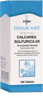 UNDA Calcarea Sulfurica 6X tablets in bottle, potential relief for mild skin irritations.