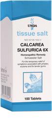 UNDA Calcarea Sulfurica 6X tablets in bottle, potential relief for mild skin irritations.
