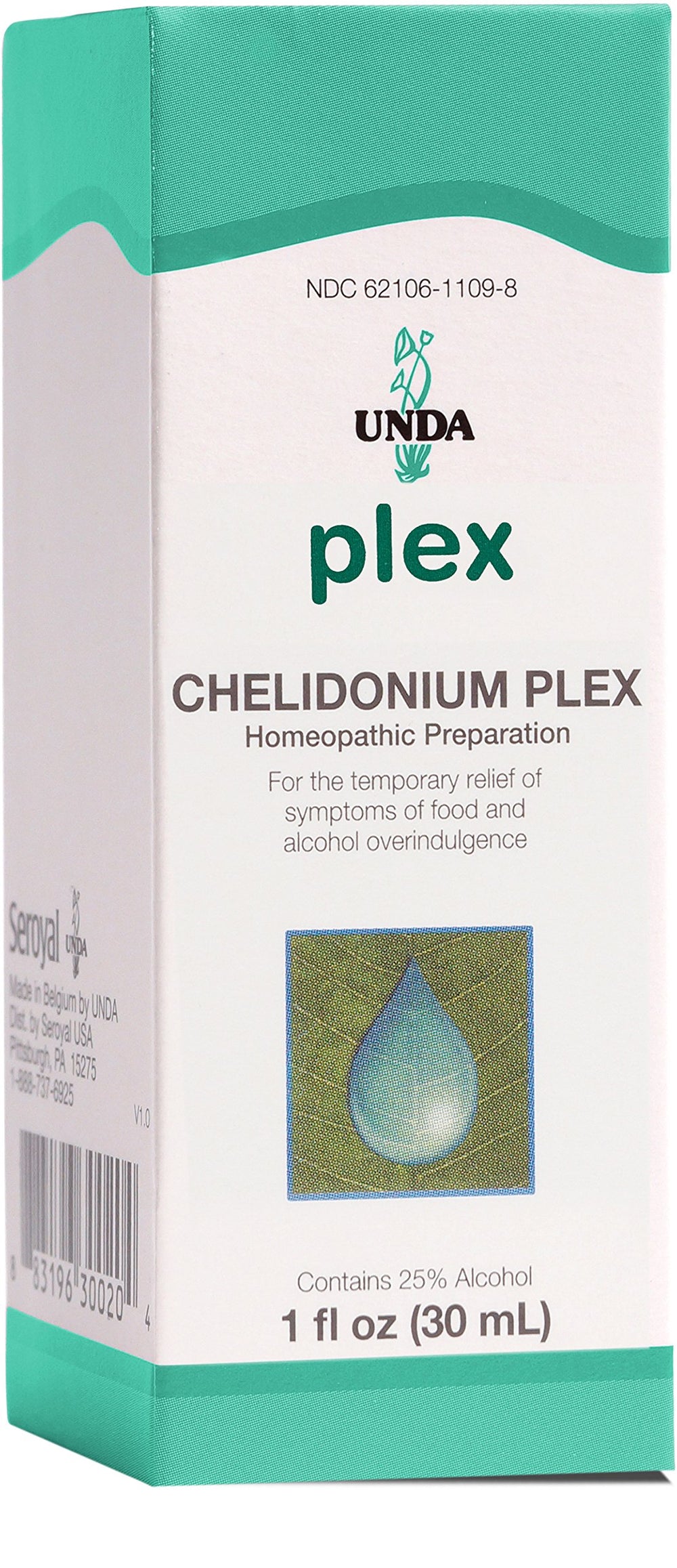 UNDA Chelidonium Plex bottle front view, may support digestive comfort after overindulgence