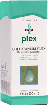 UNDA Chelidonium Plex bottle front view, may support digestive comfort after overindulgence
