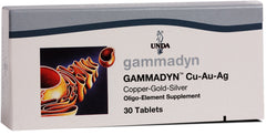 UNDA Gammadyn Cu-Au-Ag packshot showing convenient 30-tablet box for trace element support