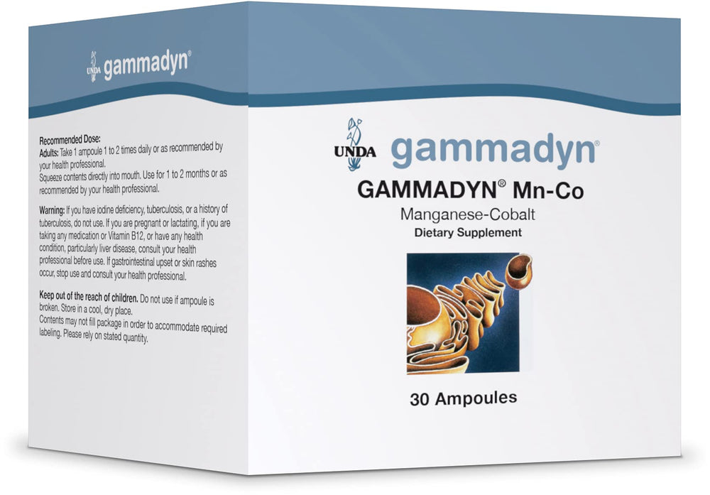 UNDA Gammadyn Mn-Co ampoules bottle close-up showing trace element blend