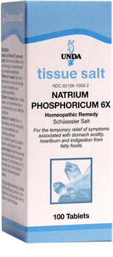 UNDA Natrium Phosphoricum 6X bottle highlights pure tissue salts for gentle digestive balance.