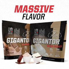 Gigantor mass gainer scoop showing 60g protein per serving.