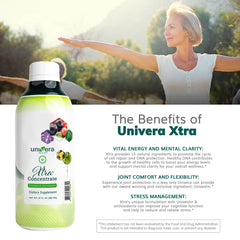 Close-up of the Univera Xtra Concentrate label highlighting the bottle size and natural blend.