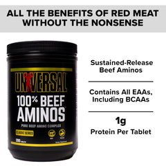 Close-up of Universal Nutrition Beef Aminos tablets showing compact form